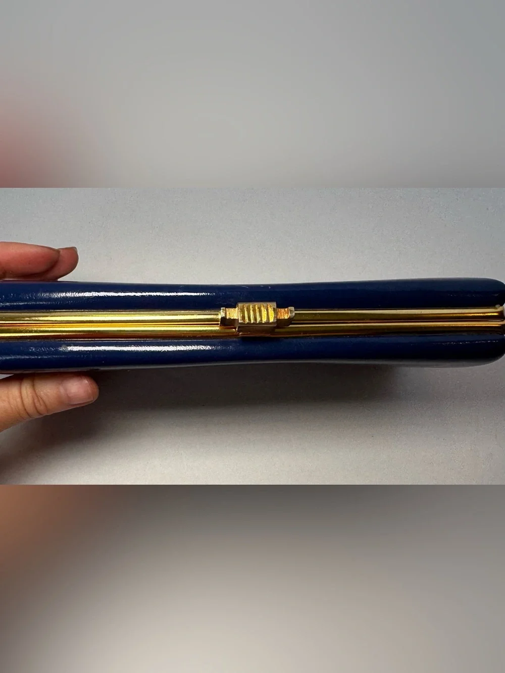 Vintage 1960s Elbief England Navy Blue Patent Box Clutch Bag Gold Clasp